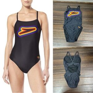 Speedo Woman Swimsuit Black Rainbow One Piece Keyhole Flyback Size 28